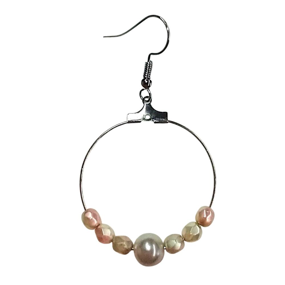 Faux Pearl Beads Faceted Beads Hoop Earrings Silver Tone Fish Hook Ear Wires